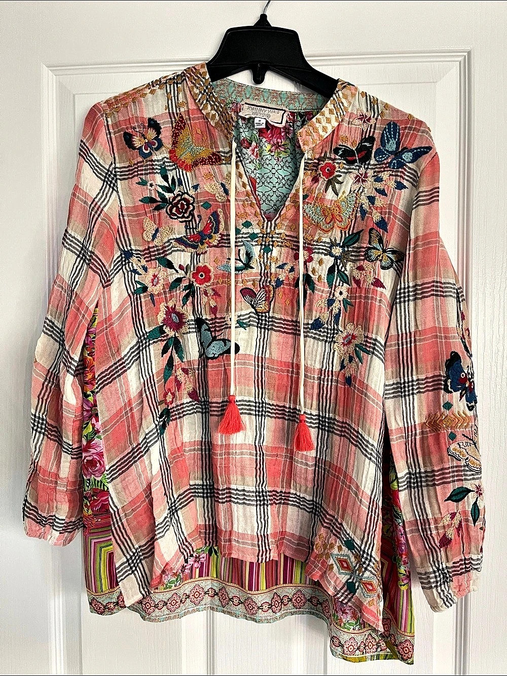 Johnny Was Workshop Plaid Floral Embroidered Tunic Pink & Green Medium